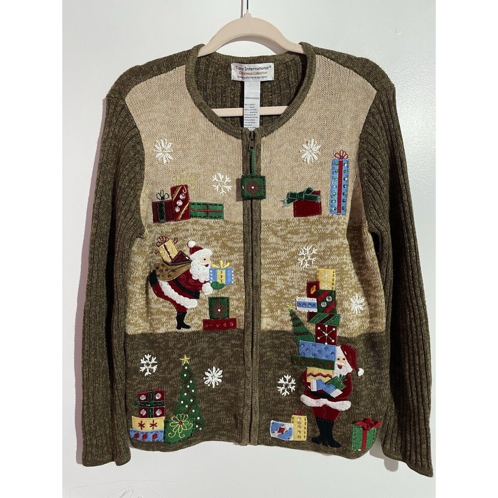 Vtg TIARA Int'l Sweater Cardigan M Santa Ugly Christmas Presents Festive Stretch
